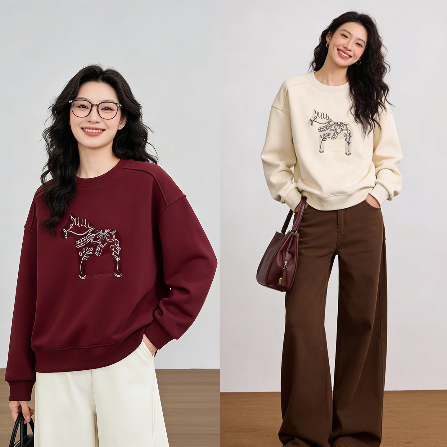 依凡芙刺绣卫衣女2026新款今年流行爆款红色卫衣加绒加厚高级上衣