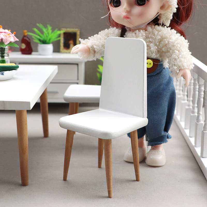 1:12娃娃屋dollhouse迷你家具餐厅微场景摆件白色现代桌椅柜子