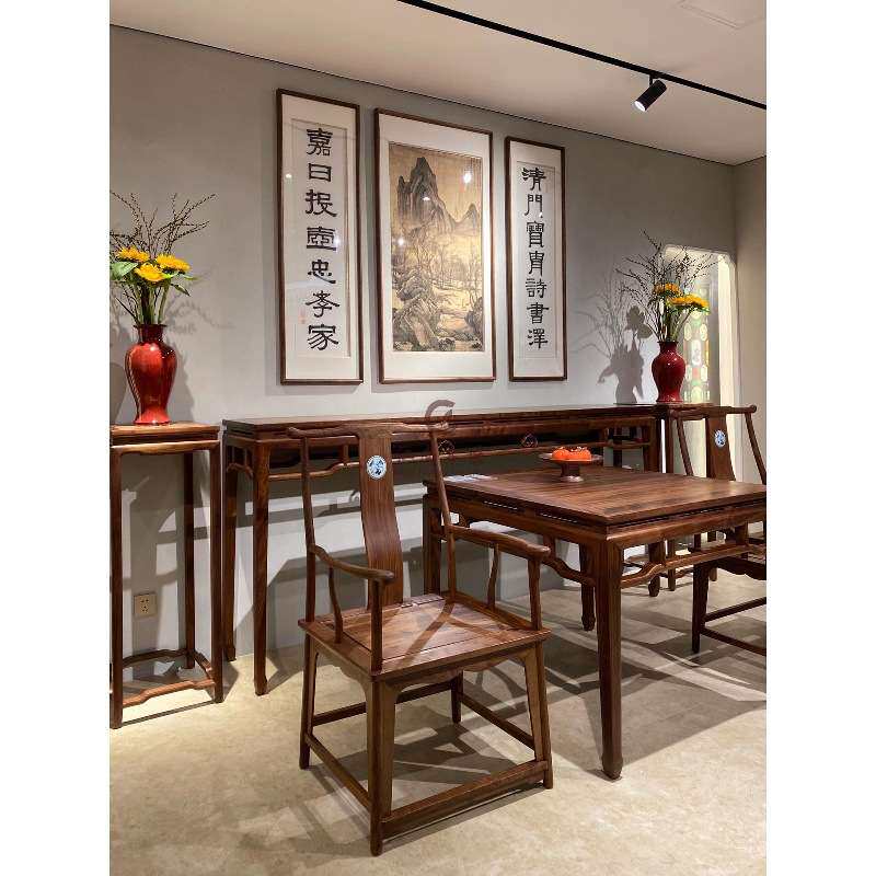新中式黑胡桃木中堂六件套白蜡木实木条案八仙桌堂屋明式供桌佛台
