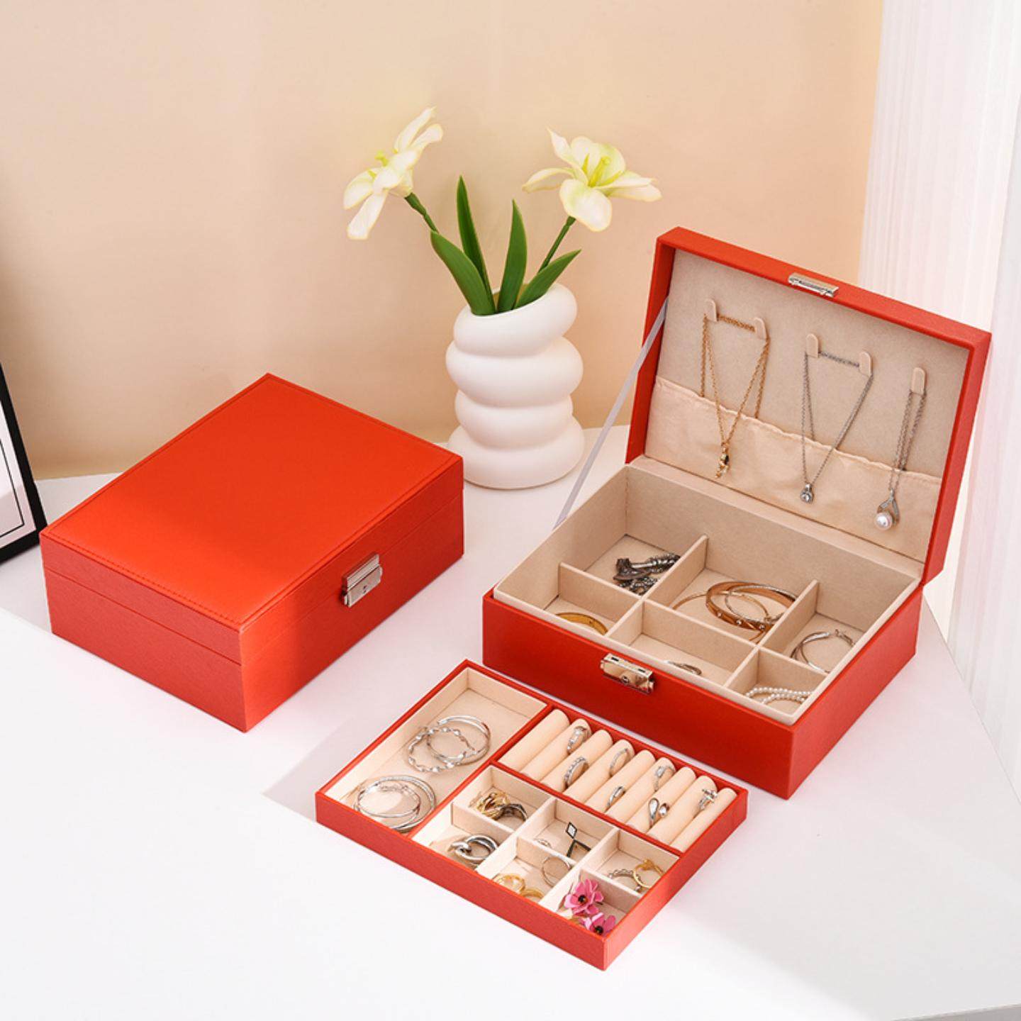双层首饰盒大容量皮革带锁饰品收纳盒耳钉珠宝戒子项链手镯收纳盒