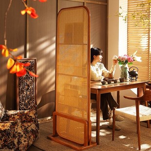 新中复古书房茶室藤编屏风隔断入户正对门玄关可移动置物杂志花架