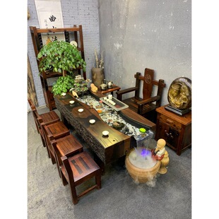 老船木根雕流水茶桌椅组合新中式禅意流水原木家用功夫喝茶桌整装