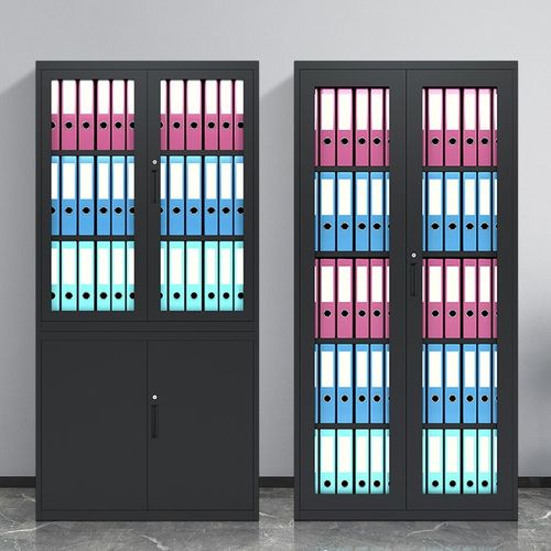 黑色文件柜铁皮资料柜办公柜档案凭证柜带锁柜子储物柜玻璃门矮柜