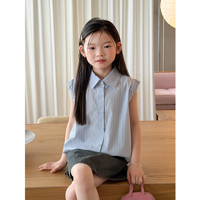 BEIFU贝芙 女童夏季学院风花边娃娃衬衫儿童蓝白条纹纯棉短袖上衣
