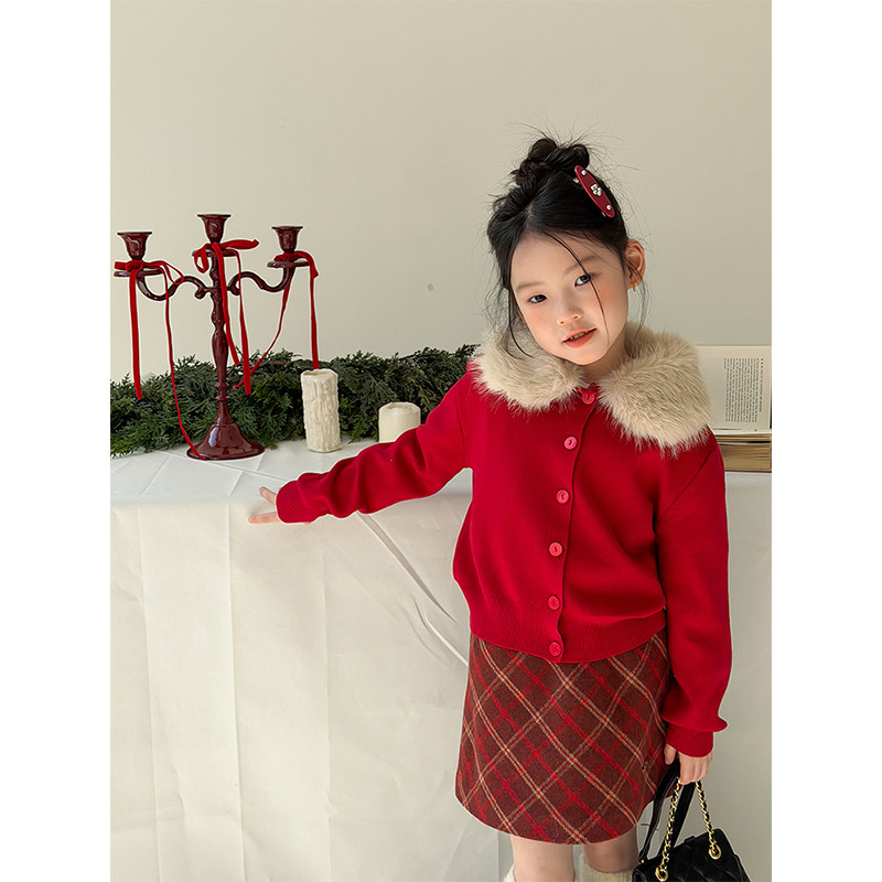 BEIFU贝芙 女童冬季洋气毛领毛衣针织开衫儿童韩版加厚保暖外套潮