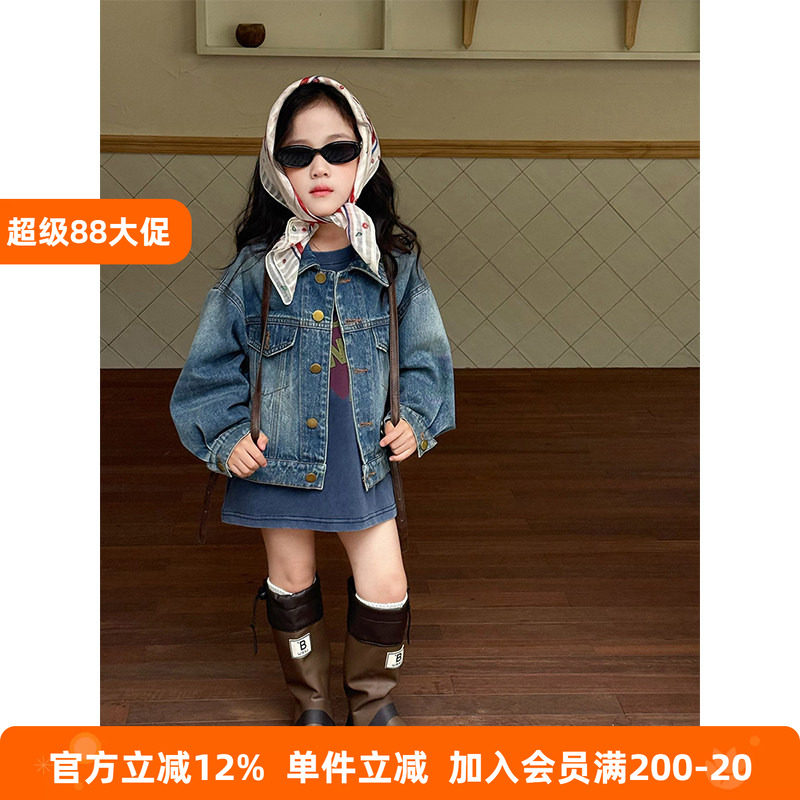 BEIFU 儿童春秋装复古磨白柔软牛仔外套女童韩版百搭做旧夹克上衣