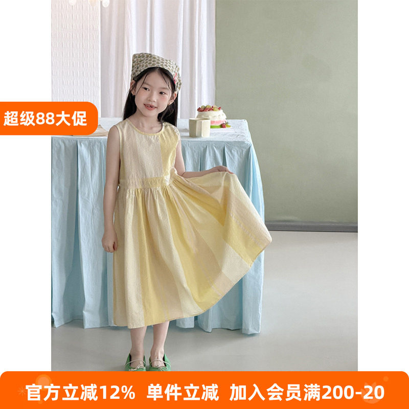 BEIFU贝芙 儿童夏季气质纯棉拼接背心裙女童韩版中长款无袖连衣裙