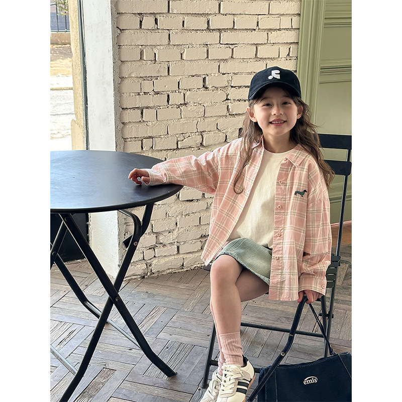 BEIFU贝芙 儿童春秋装全棉刺绣小狗格子衬衫女童韩版休闲百搭外套