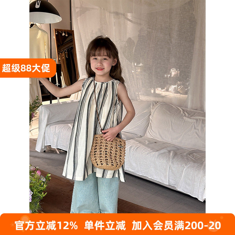 BEIFU贝芙 儿童夏季时髦度假风条纹背心裙女童韩版纯棉无袖连衣裙