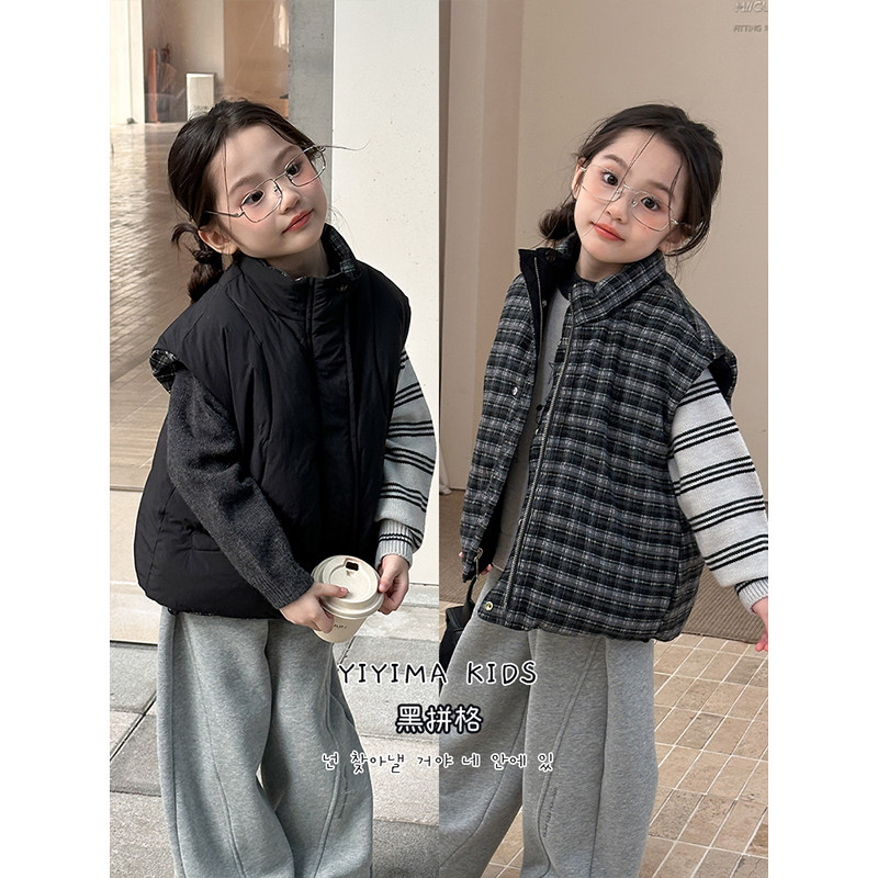 BEIFU贝芙 女童冬季两面穿夹棉外套儿童格子保暖立领棉服马甲坎肩