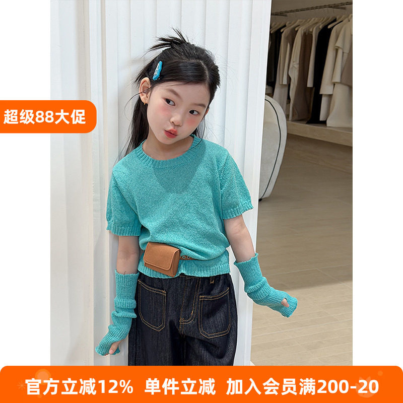 BEIFU贝芙 女童春秋装时髦拼接袖套针织短袖儿童韩版个性亲肤上衣