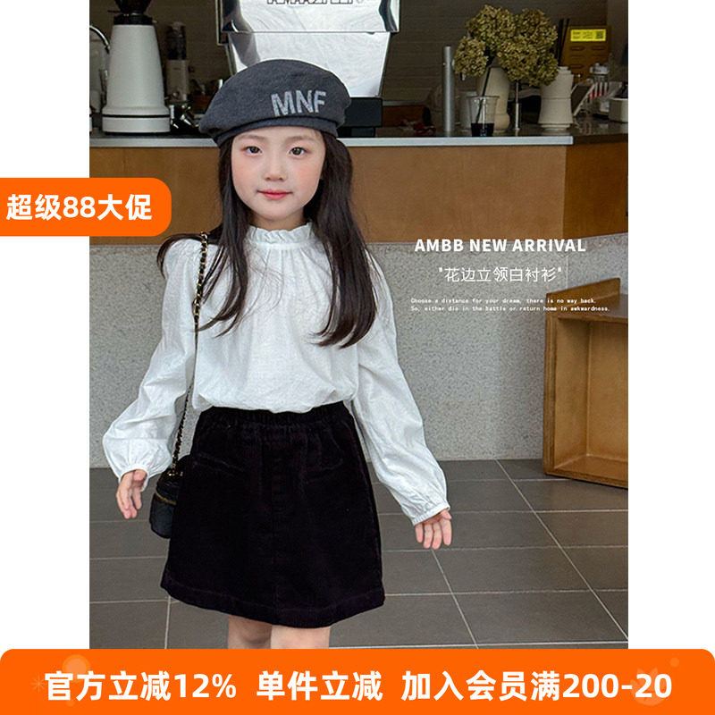 BEIFU贝芙 女童春秋时髦花边立领白衬衫儿童韩系后背纽扣纯棉上衣