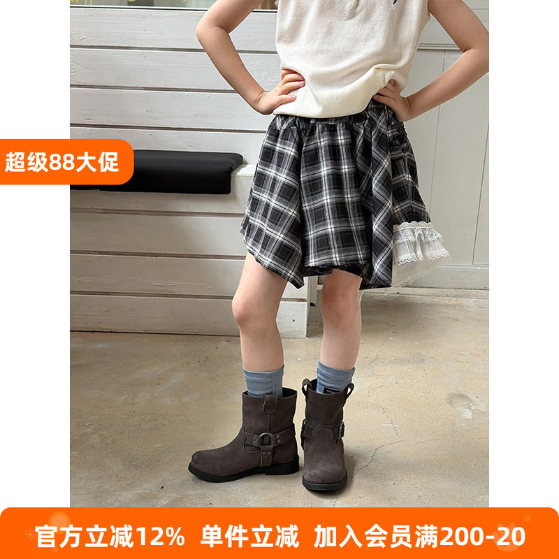 BEIFU贝芙 女童夏季蕾丝拼接不规则格子半身裙儿童韩版衬衫短裙子