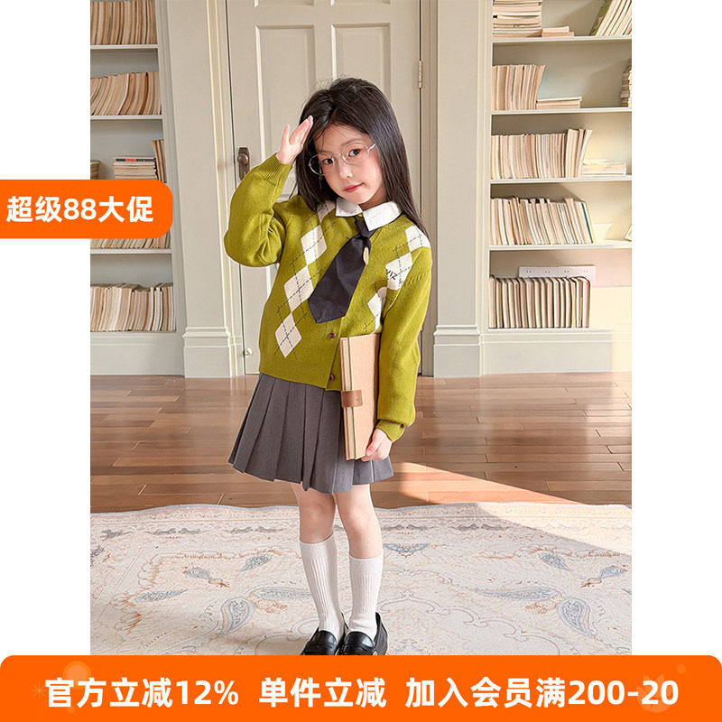 BEIFU贝芙 女童春秋学院风菱格撞色针织开衫儿童韩版休闲毛衣外套