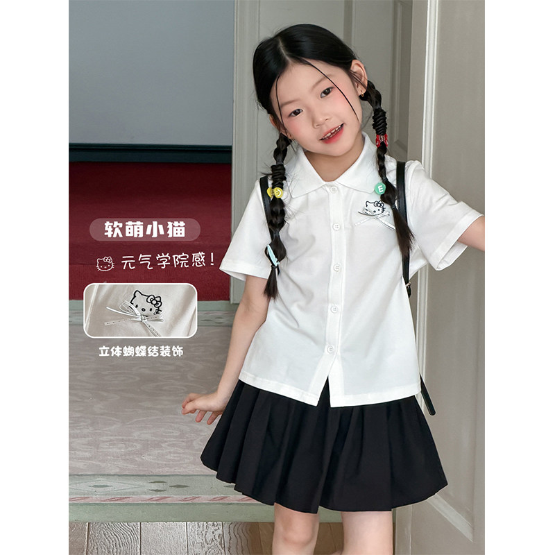 BEIFU贝芙 女童夏季学院风翻领短袖衬衫儿童可爱小猫刺绣宽松上衣