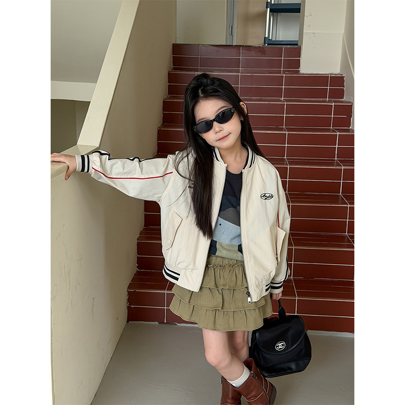 BEIFU贝芙 儿童春秋装休闲字母撞色棒球外套女童韩版时髦夹克上衣