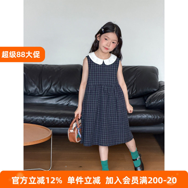 BEIFU贝芙 女童学院风娃娃领背心裙儿童韩版复古格子无袖连衣裙夏