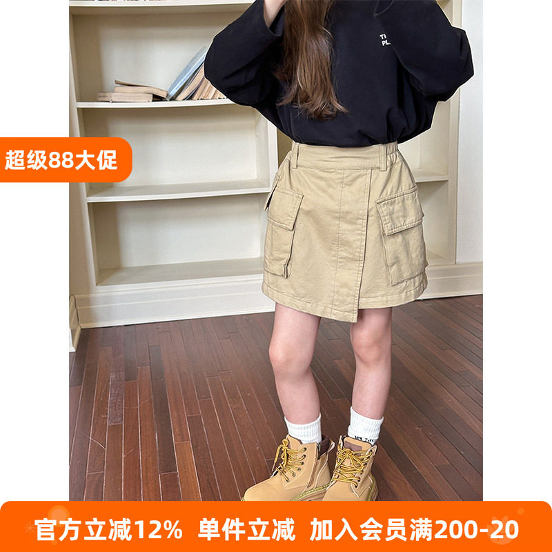 BEIFU贝芙 女童春秋个性时髦不规则口袋工装裙儿童百搭纯棉半身裙