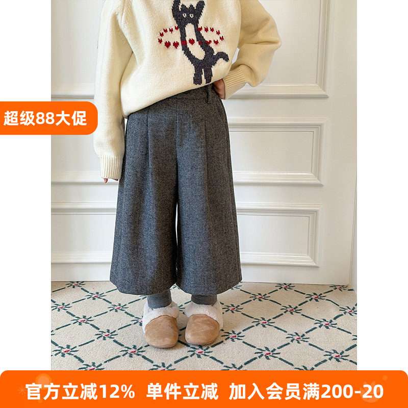 BEIFU贝芙 女童冬季含羊毛加绒假两件毛呢裤儿童休闲加厚八分裤
