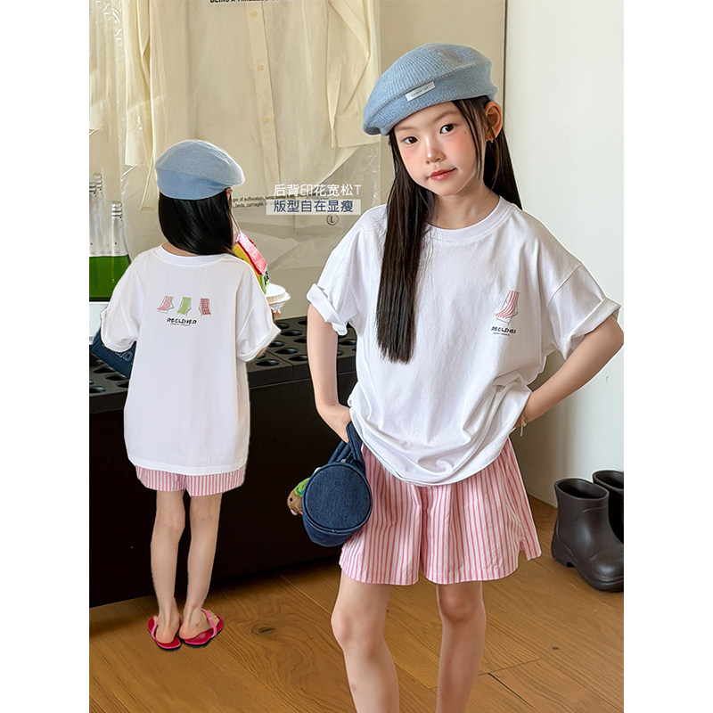 BEIFU贝芙 女童夏季基础简约款后背印花T恤儿童休闲舒适短袖上衣