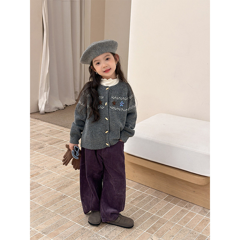 BEIFU贝芙 女童春装含羊毛针织毛衣儿童韩版宽松小花开衫春秋外套