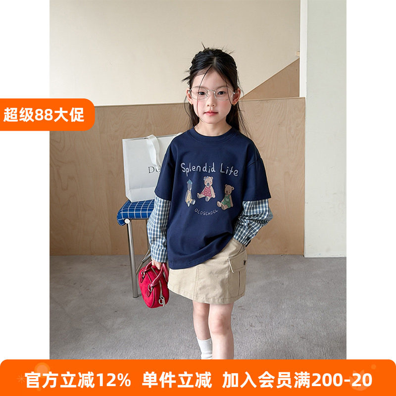 BEIFU贝芙 女童春秋装格子拼接假两件长袖T恤儿童卡通条纹打底衫