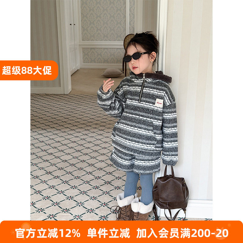 BEIFU贝芙 女童韩版费尔岛双面绒连帽套装儿童冬季加厚棉服两件套