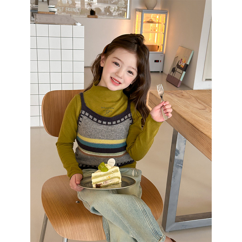 BEIFU贝芙 儿童春秋装时髦条纹撞色毛衣吊带女童百搭叠穿针织背心