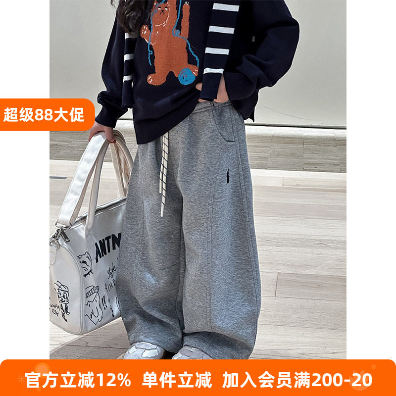 BEIFU贝芙 儿童春秋装休闲刺绣拼接弯刀裤子女童韩版百搭宽松卫裤