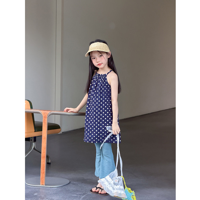 BEIFU贝芙 女童夏季薄款复古波点挂脖裙儿童韩版休闲舒适连衣裙子