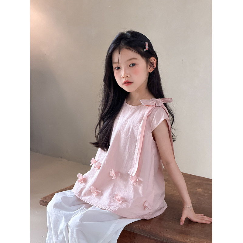 BEIFU贝芙 女童甜美纯棉无袖背心儿童蝴蝶结系带立体花朵娃娃衫夏
