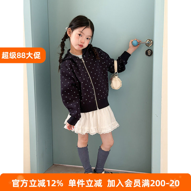 BEIFU贝芙 女童春秋装时髦波点连帽卫衣外套儿童韩版宽松休闲上衣