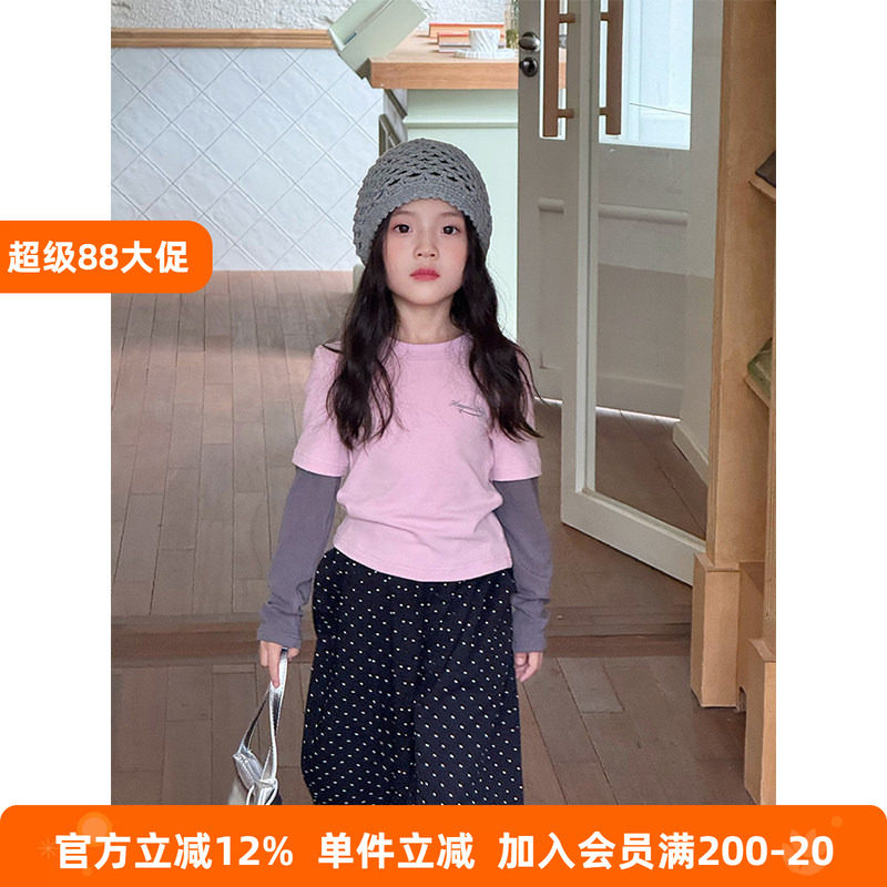 BEIFU贝芙女童春秋撞色拼接假两件长袖T恤儿童时髦卡通印花打底衫