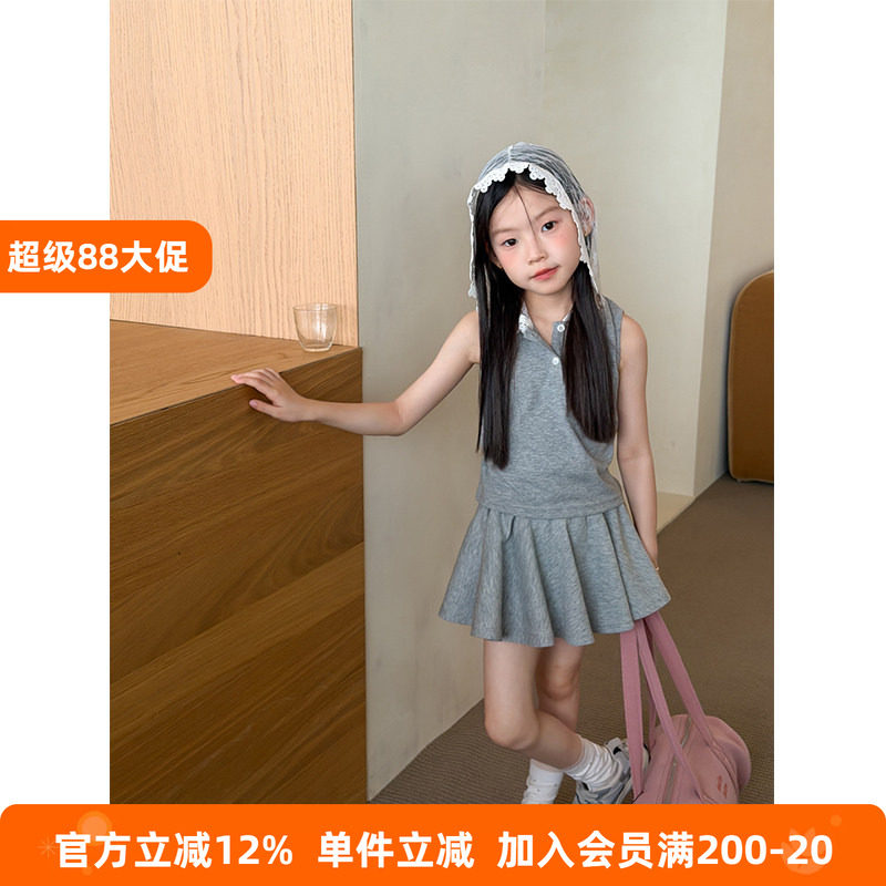 BEIFU贝芙 女童洋气蕾丝拼接连帽背心+百褶短裙儿童夏季背心套装