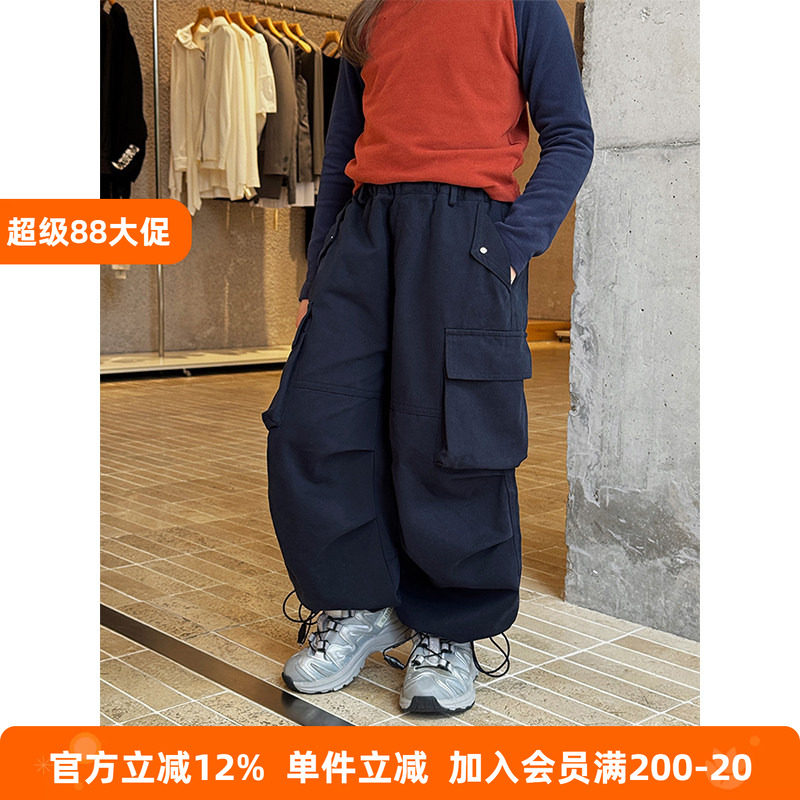 BEIFU贝芙 儿童春秋装纯棉口袋工装裤女童韩版百搭宽松褶皱休闲裤