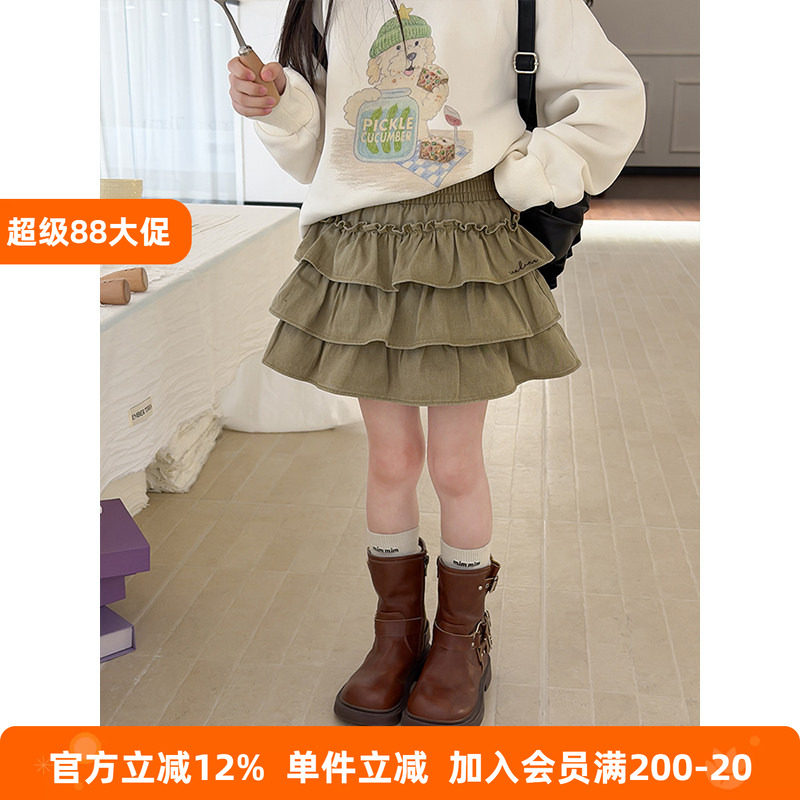 BEIFU贝芙 女童春秋装洋气纯棉蛋糕短裙儿童韩版复古百搭半身裙子