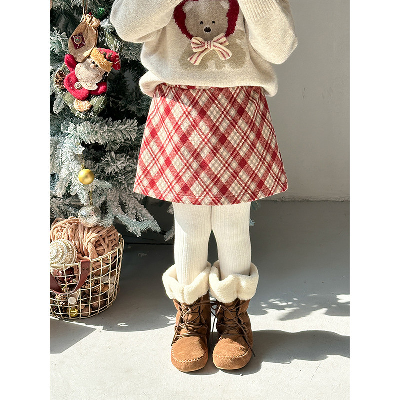 BEIFU贝芙 女童冬季加厚新年款格纹半身裙子儿童洋气保暖百搭短裙