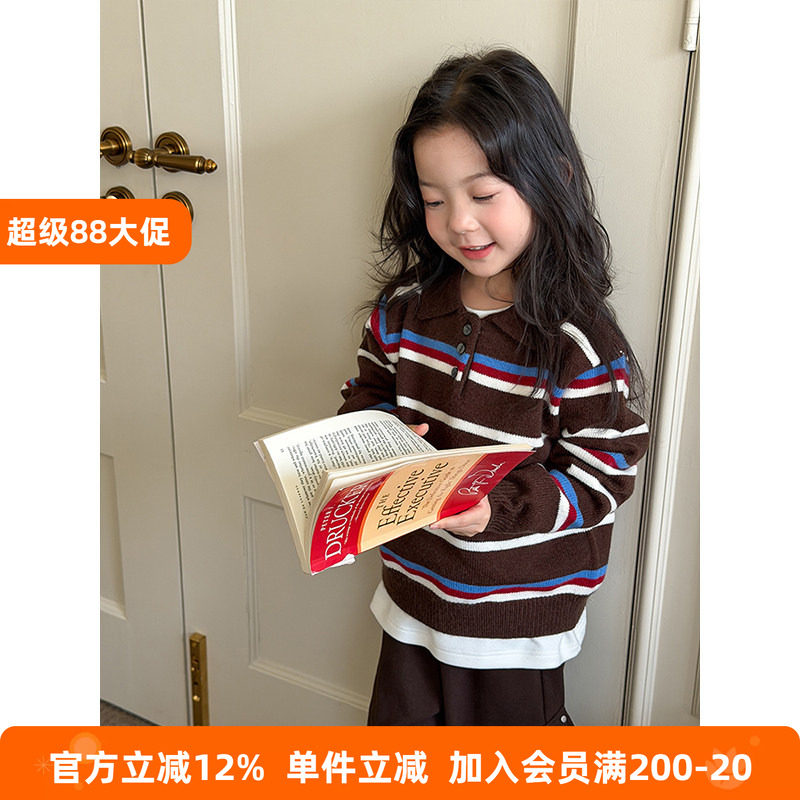BEIFU贝芙 儿童冬季撞色Polo翻领条纹加厚毛衣女童柔软保暖针织衫