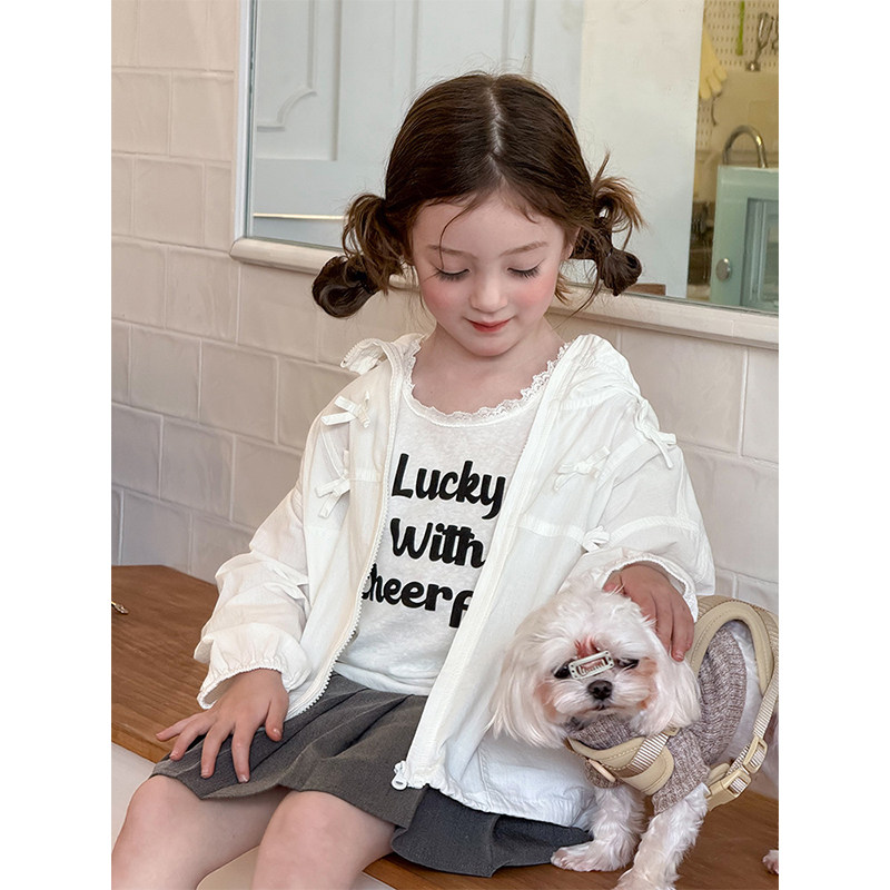 BEIFU贝芙 女童春夏装冰感蝴蝶结连帽防晒外套儿童气质拼接空调服