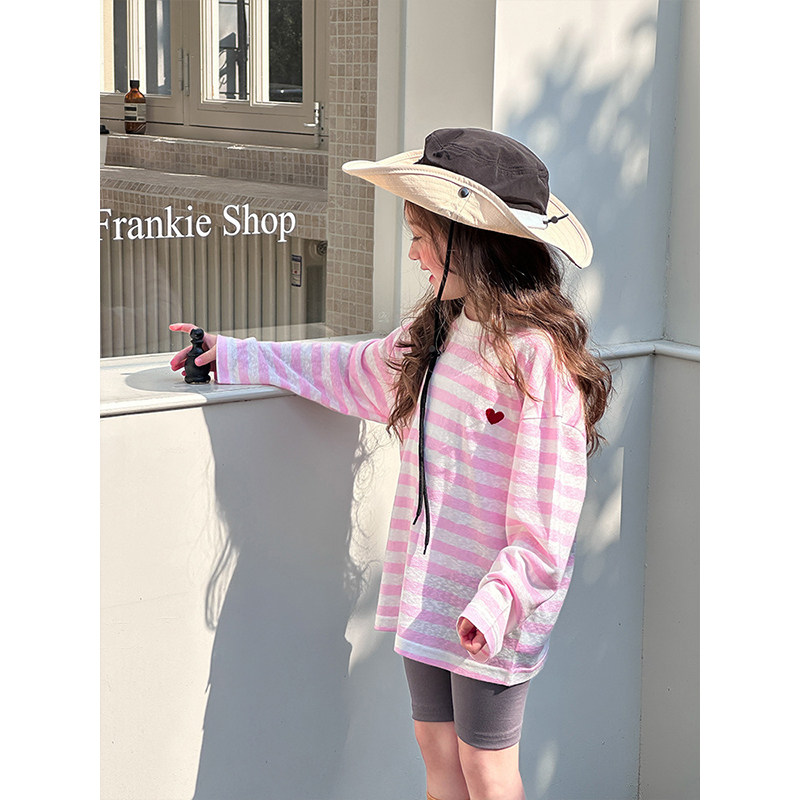女童撞色爱心刺绣条纹防晒衣儿童春夏轻薄长袖T恤天丝遮阳打底衫