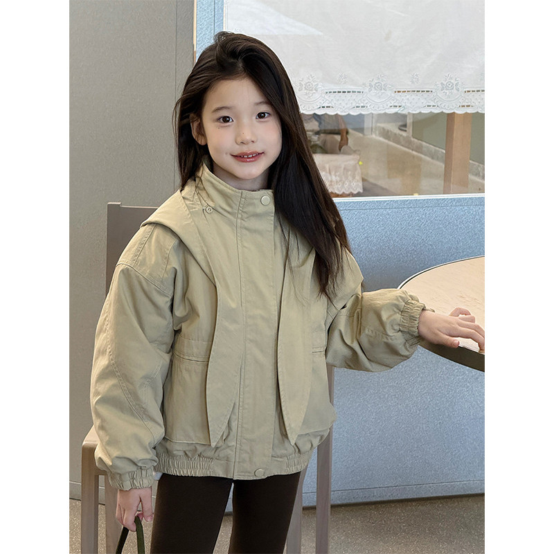 BEIFU 飘带披肩立领女童秋冬装防风连帽棉服儿童保暖夹棉外套上衣