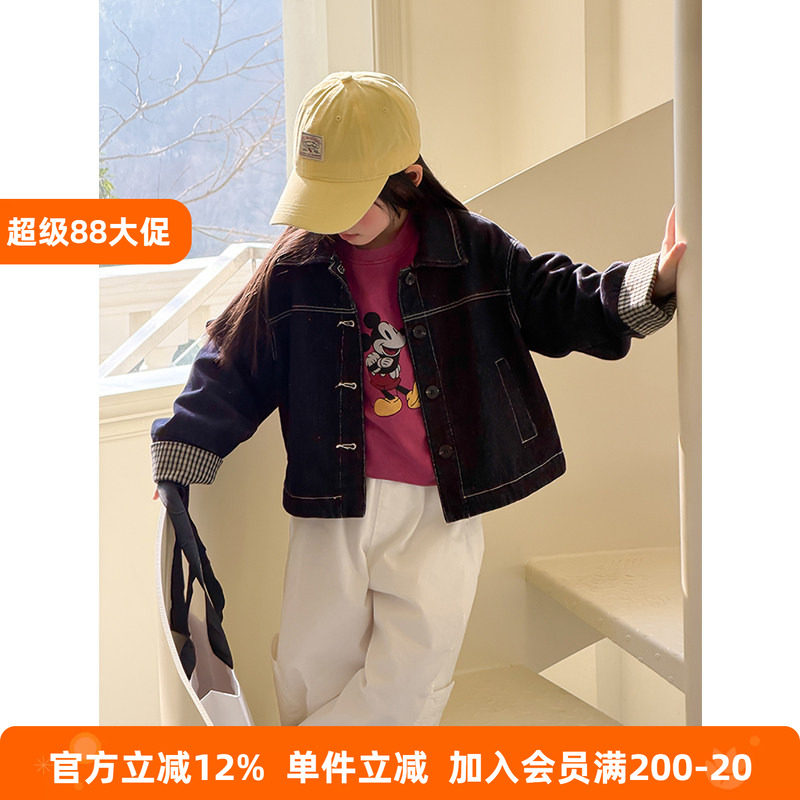 BEIFU贝芙 儿童春秋装格子拼接牛仔外套女童韩版休闲撞色翻领上衣