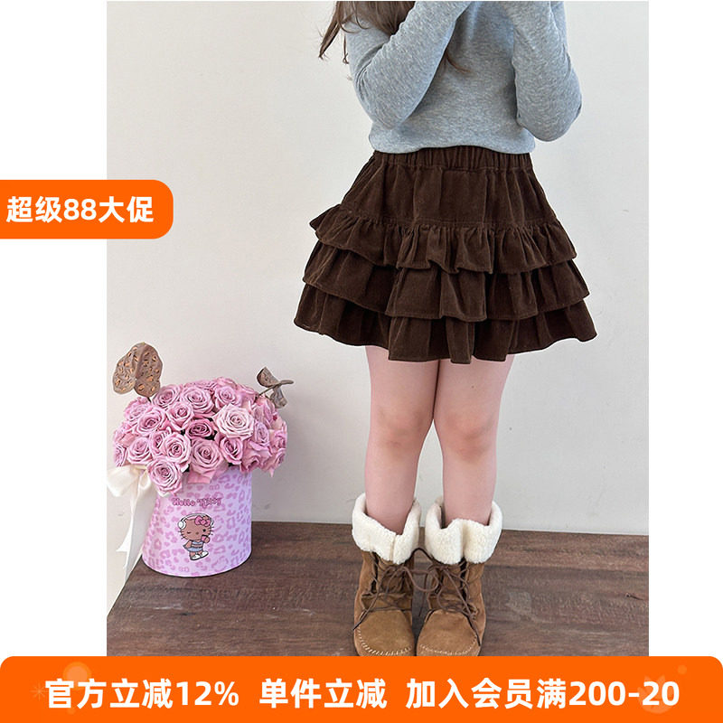 BEIFU贝芙 女童春秋韩版洋气垂感花边蛋糕裙儿童棉坑条百褶半身裙