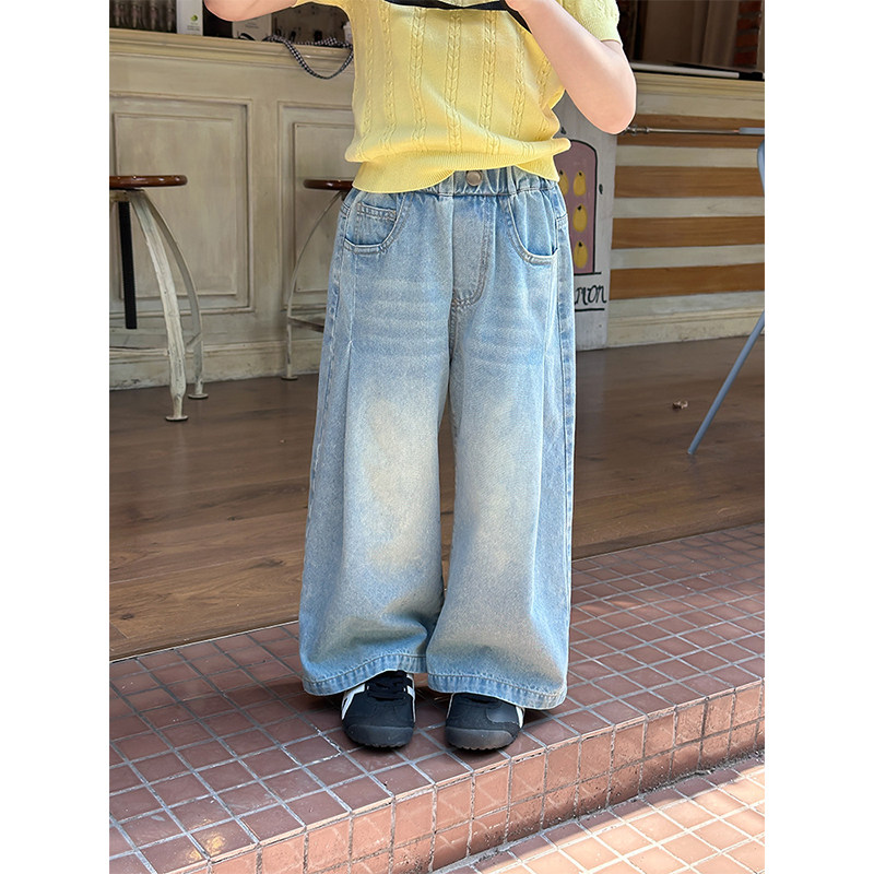 BEIFU贝芙 儿童春夏装复古磨白直筒牛仔裤女童韩版宽松休闲阔腿裤