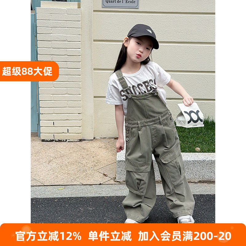 BEIFU贝芙 儿童春秋装复古口袋工装背带裤女童韩版纯棉连体直筒裤