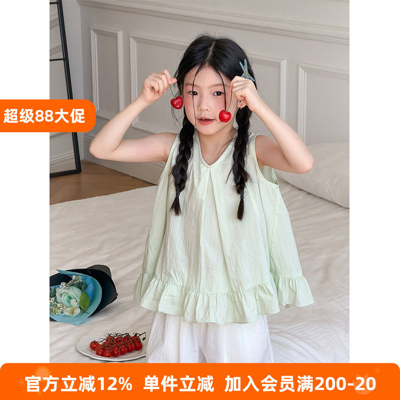 BEIFU贝芙 女童夏季甜美荷叶花边娃娃衫儿童韩版气质V领背心上衣