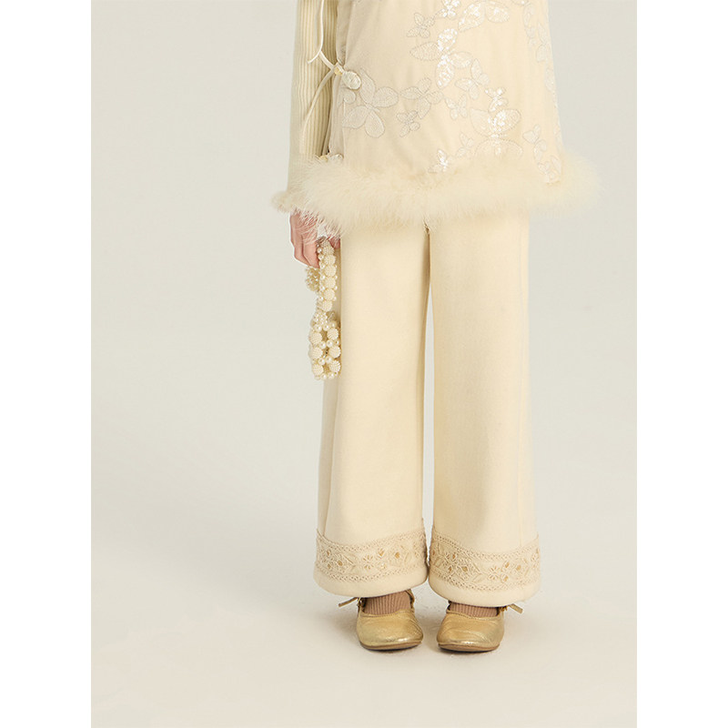 BEIFU贝芙 女童百搭国风刺绣加绒休闲裤儿童冬季加厚保暖直筒裤子