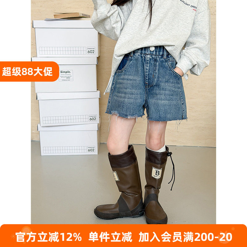 BEIFU贝芙 女童春夏装复古破洞牛仔短裤儿童休闲百搭撞色五分中裤