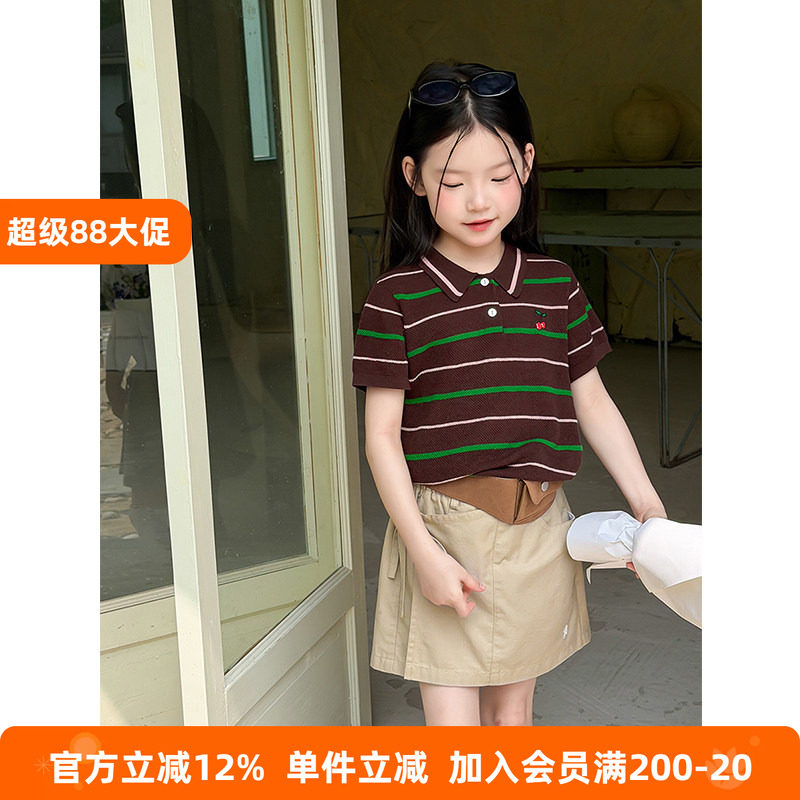 BEIFU贝芙 女童夏季精致樱桃刺绣条纹polo衫儿童韩系撞色短袖T恤
