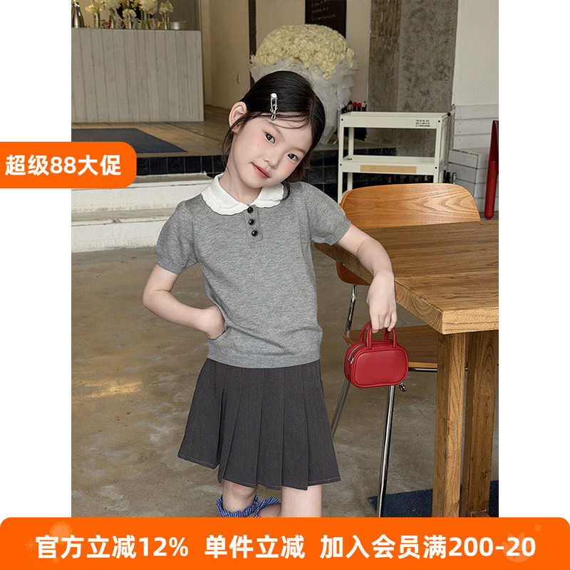 BEIFU贝芙 女童夏季学院风翻领针织短袖上衣儿童洋气撞色poloT恤